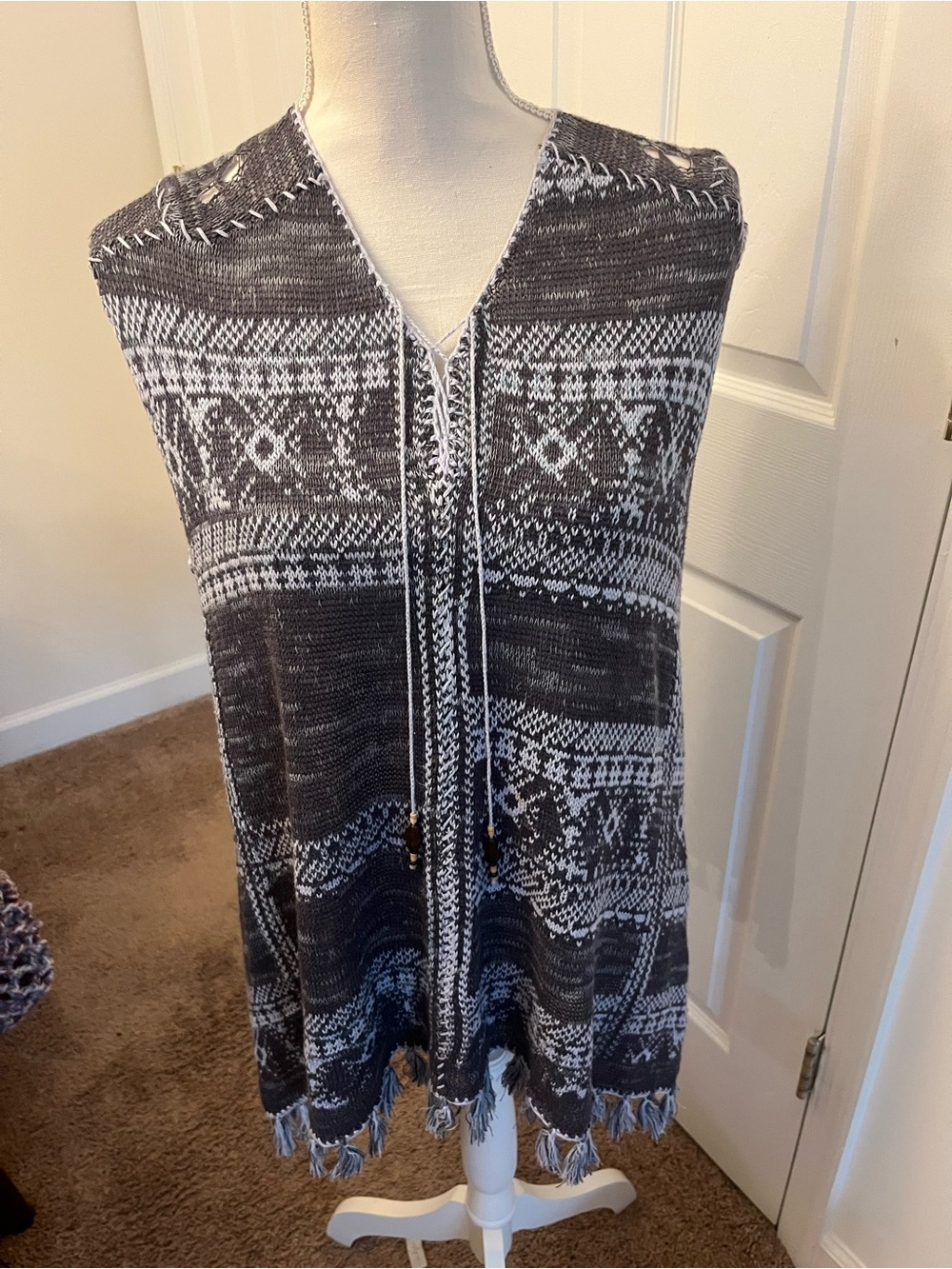Free People Black & White Knit Fringe Open Vest